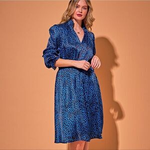 Tucker Stella Dress Cornflower Spots in Stretch Charmeuse Silk Black Blue